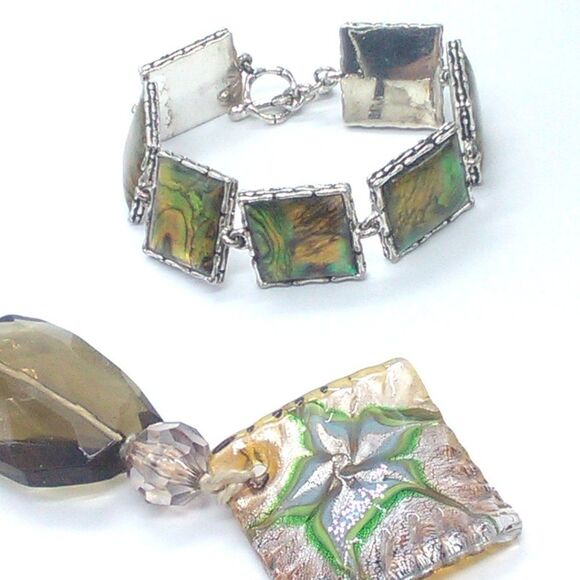 Handcrafted Abalone-Style Square Link Bracelet & Beaded + Glass Keychain Set - Picture 2 of 8